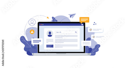 Laptop displaying a user profile search interface surrounded by communication icons like speech bubbles and alerts.