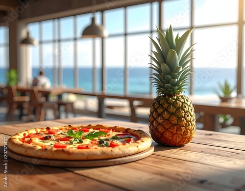 Delicious pizza and fresh pineapple by the ocean for a perfect vacation meal
