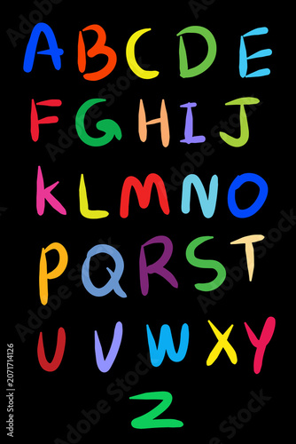 Hand-drawn alphabet letters on a black background, perfect for preschool education, kindergarten learning, classroom posters, flashcards, worksheets, apps, and kids' design projects.