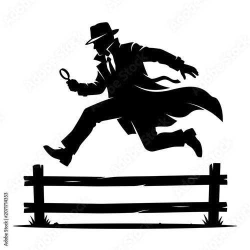 Black silhouette of a dynamic detective agent jumping over hurdle fence obstacle vector illustration