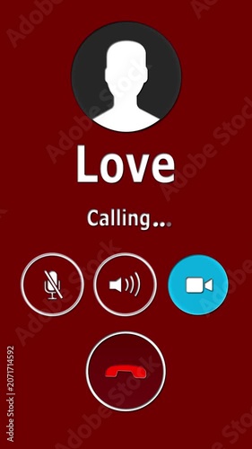 Love call incoming screen animation with answer and decline icons, romantic caller notification concept on tilted smartphone background.