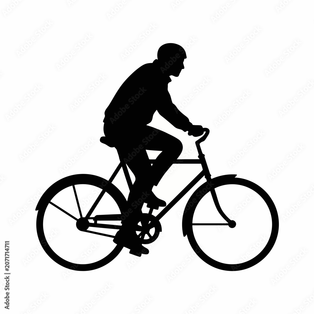 Obraz premium Black silhouette of a casual man riding bicycle for transport or recreation vector illustration