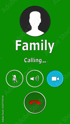 Family incoming call screen animation with answer and decline icons, personal contact notification interface on tilted smartphone background.