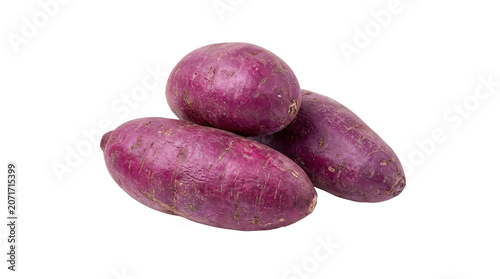 Fresh purple sweet potatoes on white background.