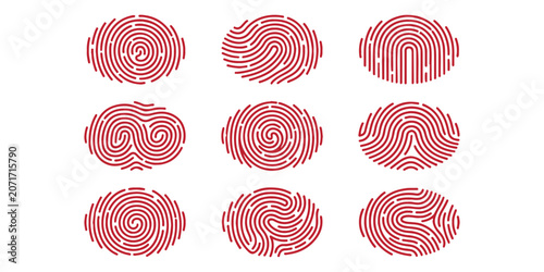 Obraz na plátně Set of nine red fingerprint patterns showing different unique human thumbprint r