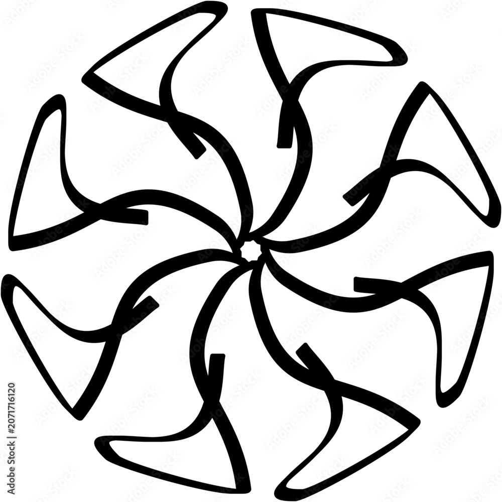 Ταπετσαρία Eight bold curved blades with angular wingtips spiral outward from a tiny open hub, suggesting a roaring mechanical turbine rendered in fluid, organic linework