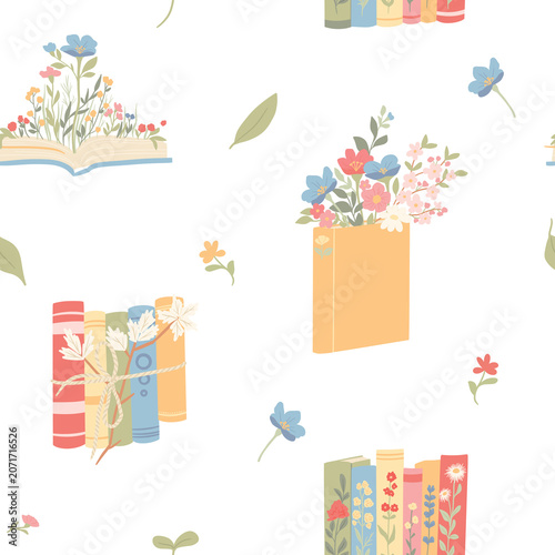 Принти на полотні Hand drawn seamless pattern with books and flowers