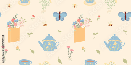 Fotografie seamless pattern drawn by hand with a book with flowers inside, a tea set, small