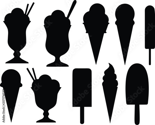 Black silhouette dessert collection ice cream sundaes and popsicles isolated on transparent background