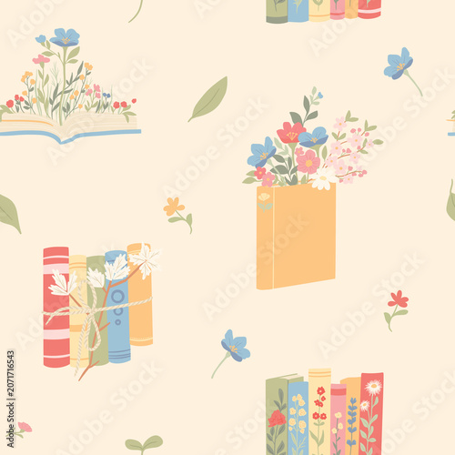 Hand drawn seamless pattern with books and flowers