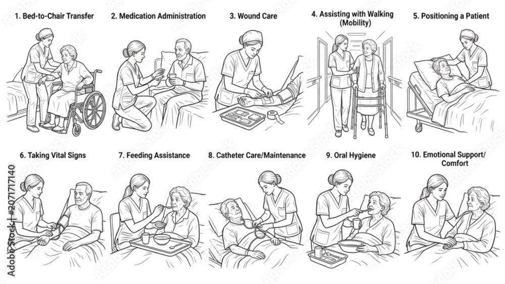 Obraz premium Nursing Patient Care Poses Line Art Collection | 10 Premium Healthcare Support Vector Pack
