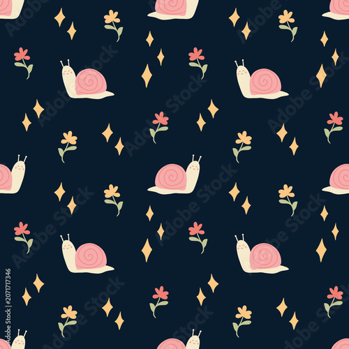 seamless pattern with flowers, stars and snails