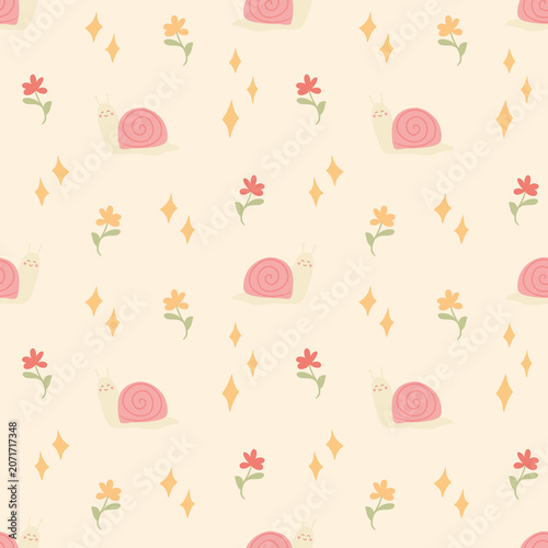 seamless pattern with flowers, stars and snails