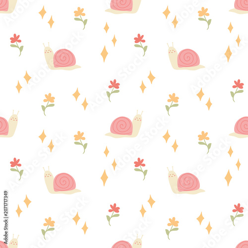 seamless pattern with flowers, stars and snails
