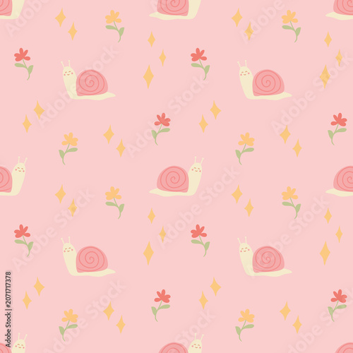 seamless pattern with flowers, stars and snails