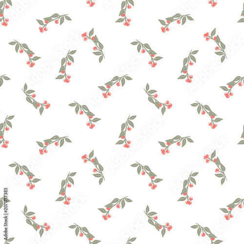 pattern with a red berries and leaves on branch