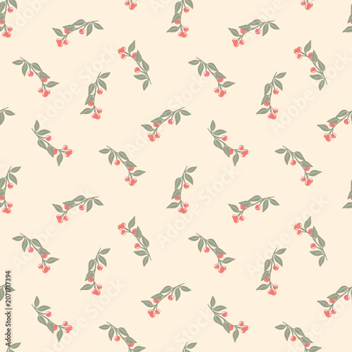 pattern with a red berries and leaves on branch