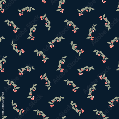 pattern with a red berries and leaves on branch

