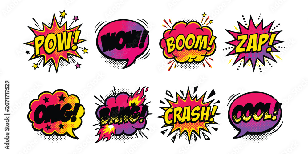 Ταπετσαρία Set of colorful comic book speech bubbles with sound effect text like pow boom a