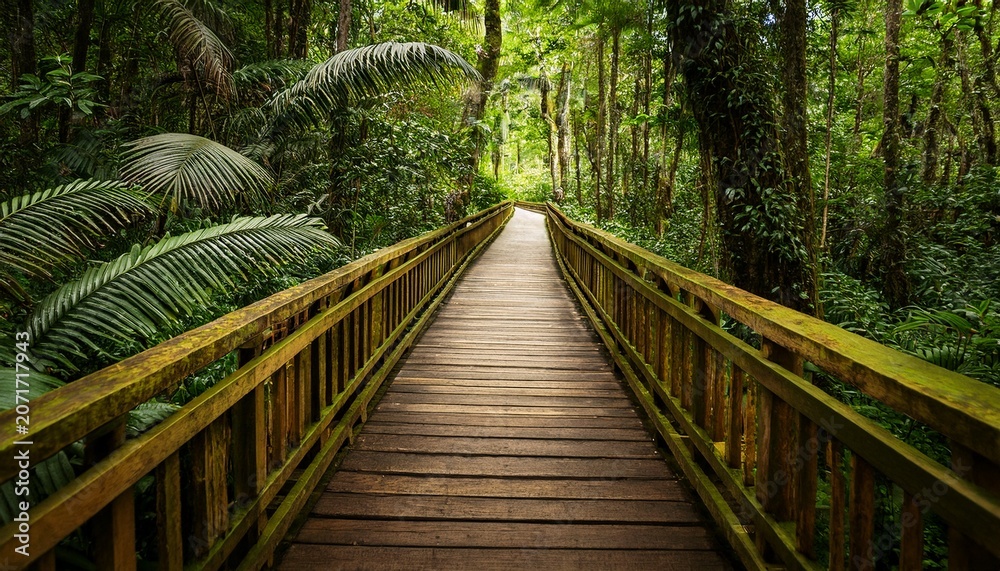 Fototapeta premium Wooden Boardwalk Pathway Through Lush Green Tropical Rainforest Jungle Wallpaper