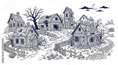 Fotografía Abandoned Village Illustration: Dilapidated Houses, Overgrown Path, Eerie Night