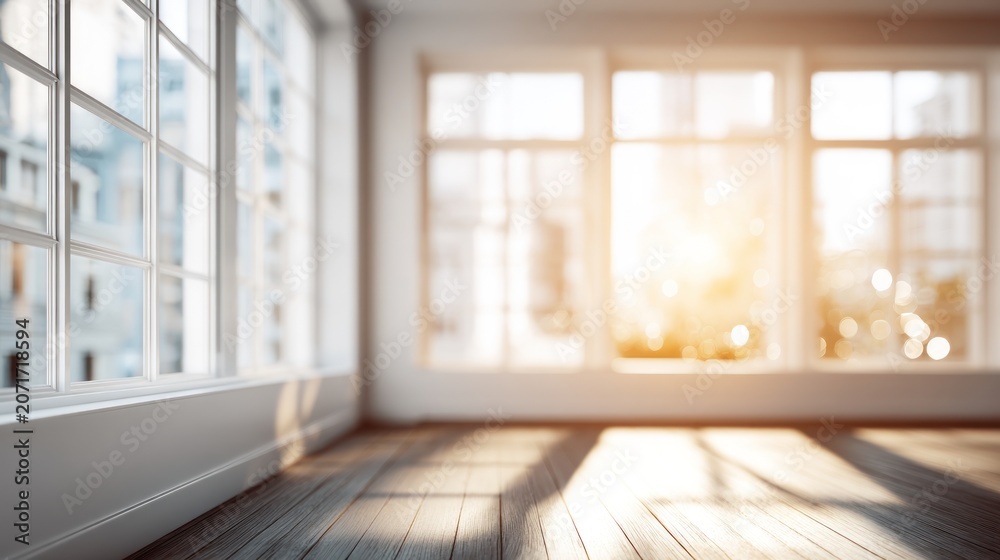 Fototapeta premium Sunlit empty room with large windows and wooden floor