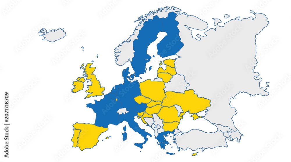 Fototapeta premium Map of Europe with EU member states highlighted in blue and yellow