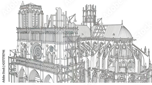 Fotografía Notre Dame Cathedral Reconstruction Drawing, Paris Landmark Restoration