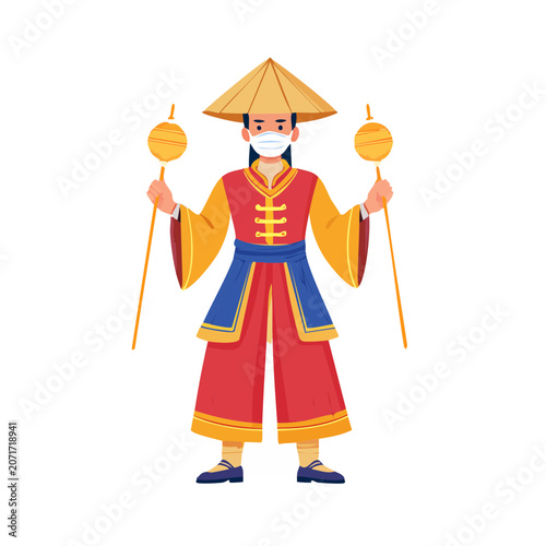 Traditional Asian Figure with Lanterns and Staffs