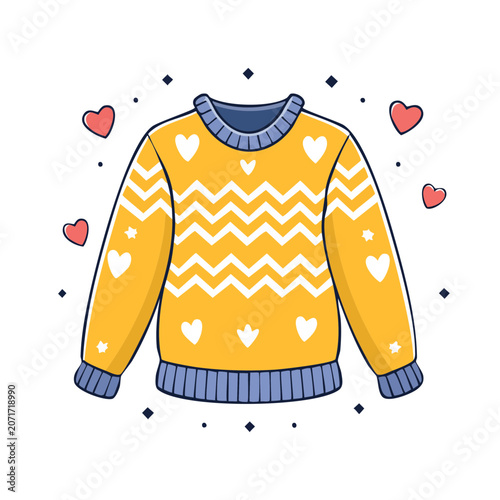 Yellow Knit Sweater with Heart and Zigzag Pattern
