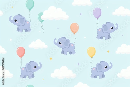 Seamless pattern featuring cute cartoon baby elephants in blue, holding colorful balloons, floating among white clouds and small stars in sky