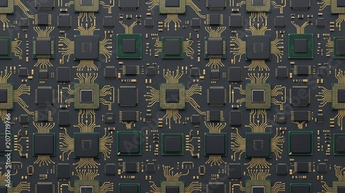Computer processor chips arranged in a seamless circuit board pattern top view