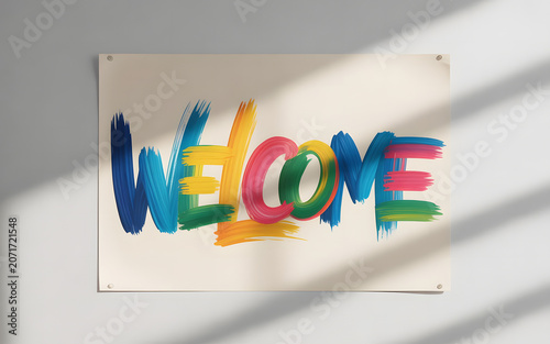 A gorgeous “welcome ” poster with colorful brush strokes. Abstract colorful background.