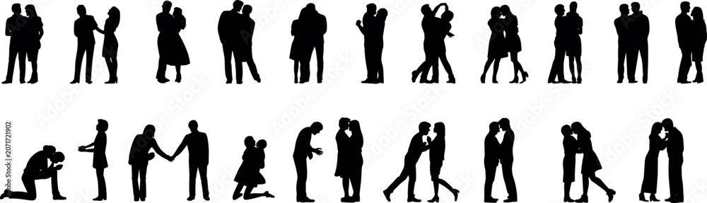 Obraz premium Collection of romantic couple silhouettes showing various poses hugging kissing and proposing isolated on white background