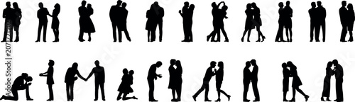Photos Collection of romantic couple silhouettes showing various poses hugging kissing