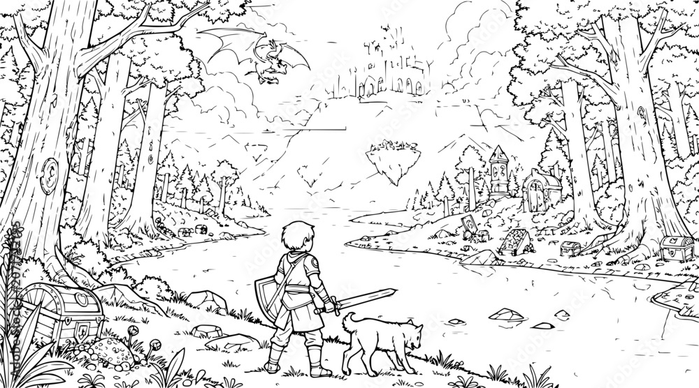 Obraz premium boy and dog in forest with castle