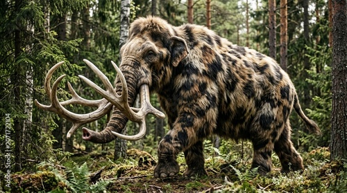 Wooly mammoth with branched ivory tusks