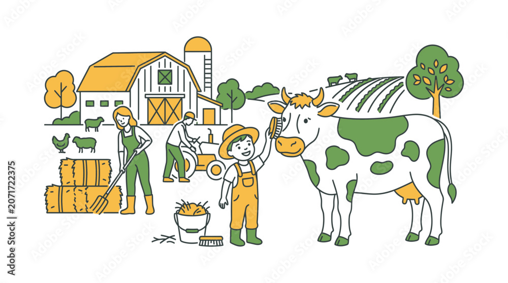 Naklejka premium Children farming, cow, barn, farm life, countryside, rural, agriculture, illustration