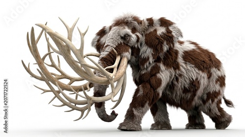Wooly coloured elephant with branched ivory tusks