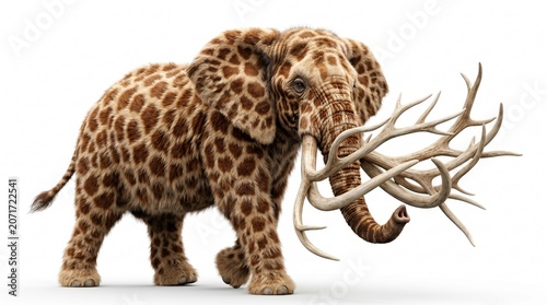 Wooly coloured elephant with branched ivory tusks