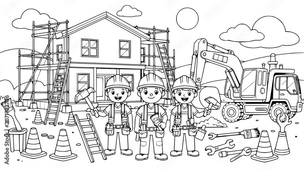 Obraz premium cartoon construction workers building house