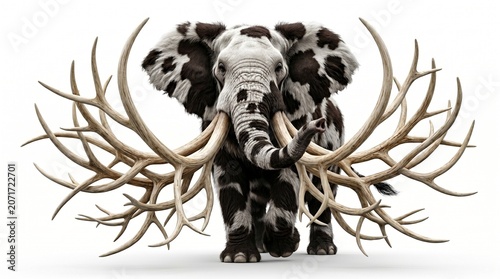 Wooly coloured elephant with branched ivory tusks
