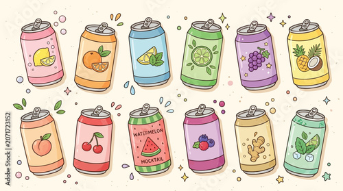 Cuadro en lienzo A vibrant collection of cartoon-style soda cans featuring various fruit flavors and refreshing ingredients, arranged in two rows on a light background