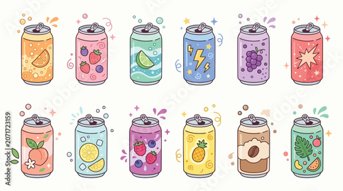 Tableau sur toile A vibrant collection of twelve cute, pastel-colored soda cans, each featuring a unique fruit or beverage flavor illustration with sparkling details