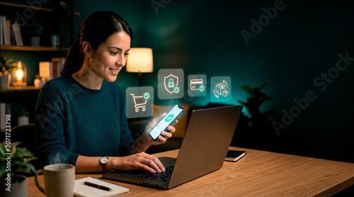 Businesswoman using smartphone and laptop with secure ecommerce interface
