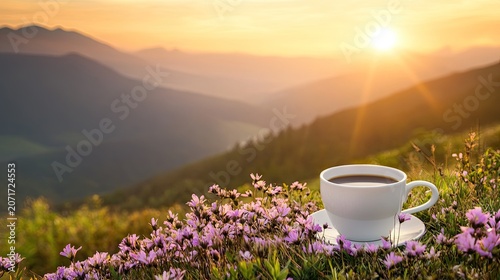 Cup of coffee on meadow with purple flower during scenic mountain sunrise. Hot morning drink in nature landscape. Travel relaxation and calm awakening concept for lifestyle background.
