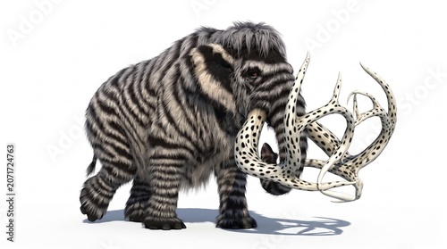 Wooly coloured elephant with branched ivory tusks