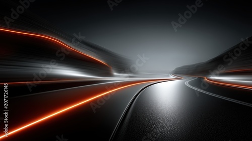 Sleek neon road curve with glowing lines for high-speed automotive branding.
