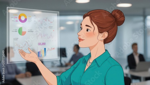 Businesswoman Presenting Data Analysis with Holographic Display in Modern Office.