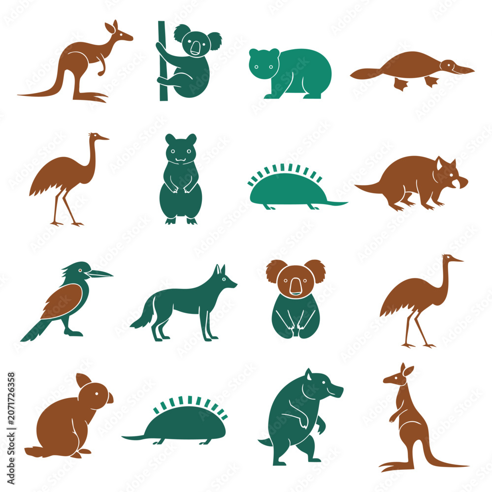 Obraz premium Australian animal silhouettes teal and brown on a white background
